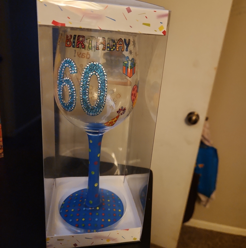 60th Birthday Celebration Wine Glass - Blue Polka Dot Stem